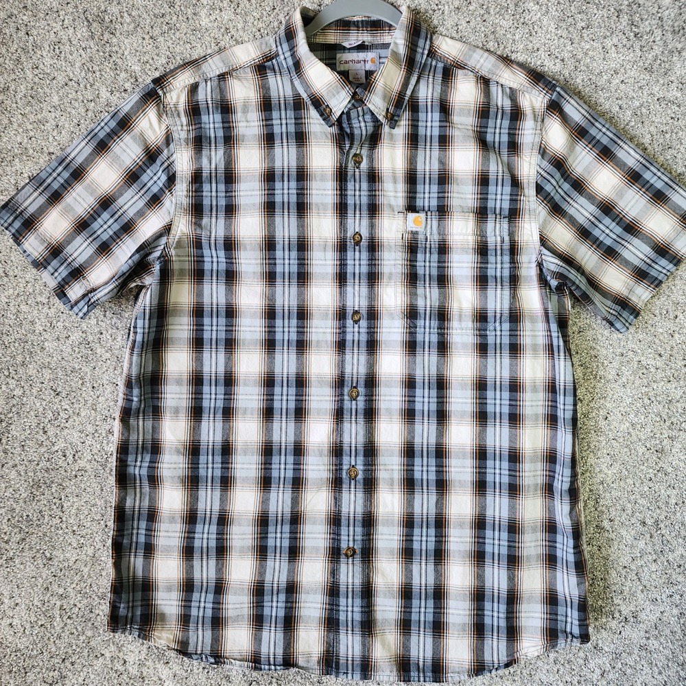 Carhartt Plaid Shirt Mens L Relaxed Fit Short Sleeve Cotton Blue Orange EUC